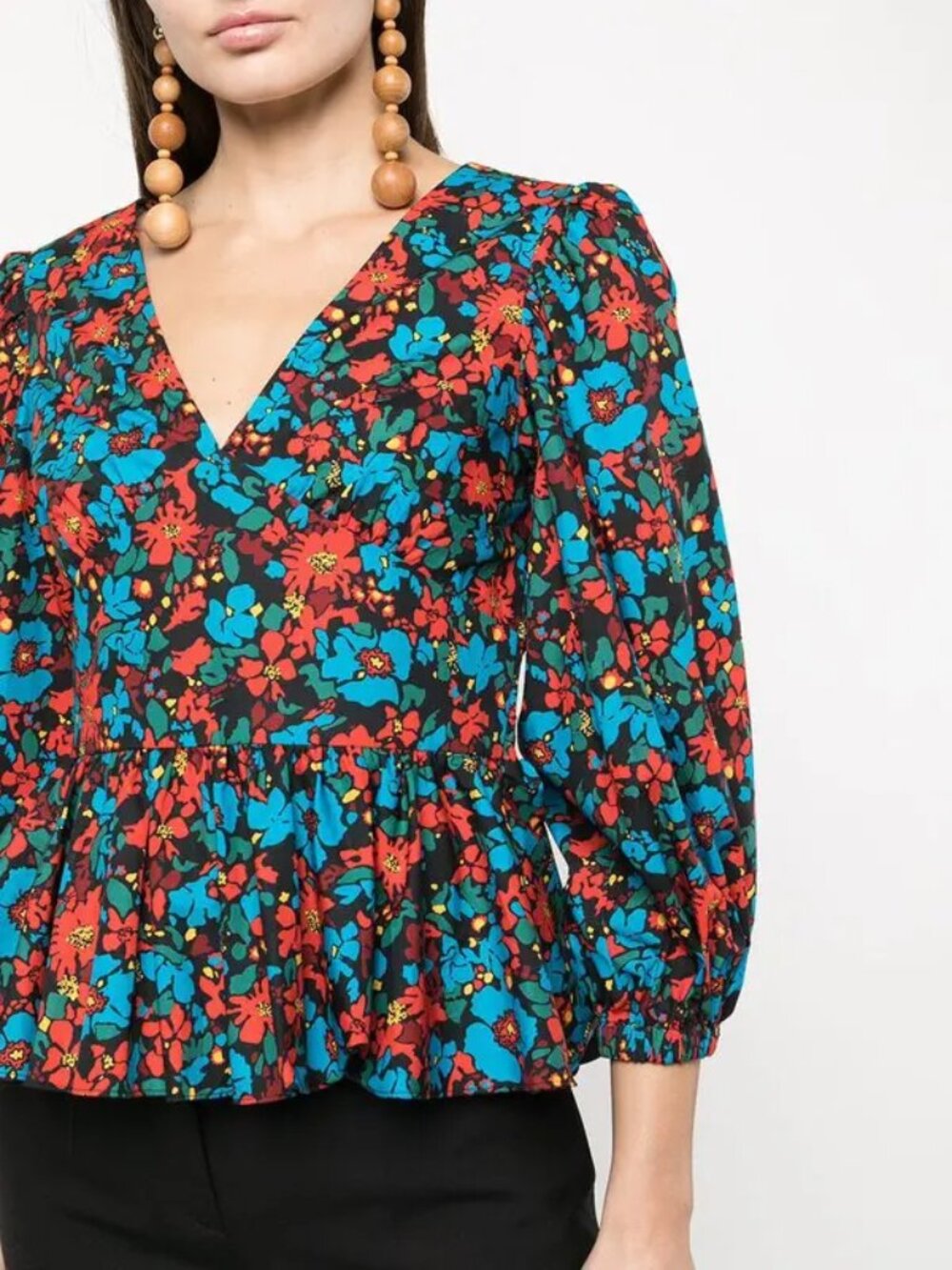 10 Crosby Derek Lam Black Floral Peplum Blouse with Red and Blue Flowers